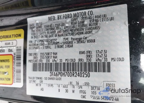 2013 Ford Fusion Se из США, поврежденный, VIN 3FA6P0H70DR240250